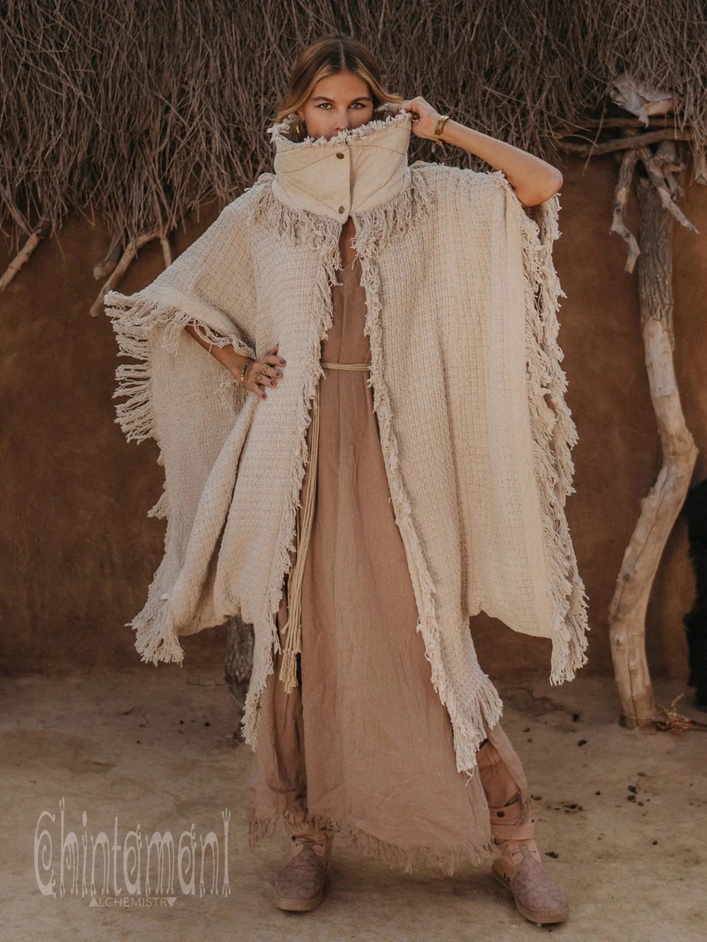 Chintamani Festival Cream Knit poncho